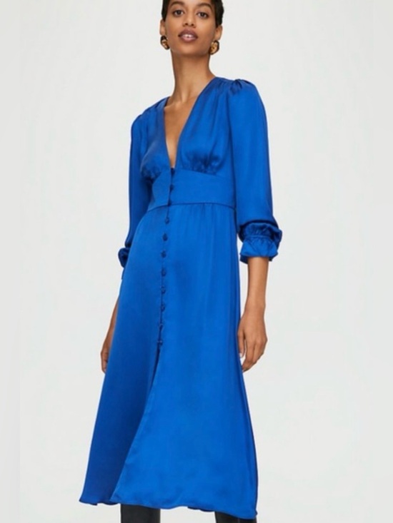 Wilfred Dresses & Skirts - 💙Wilfred Royal Blue Satin Long Sleeve Button-Front Midi Dress XS 💙